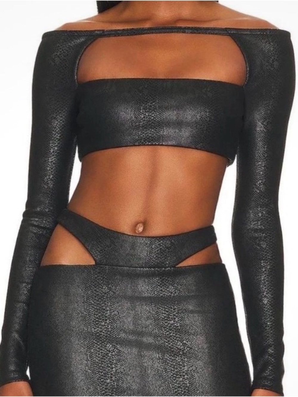 Camila Coelho Black Faux-Snakeskin Long Sleeve Crop Top with Strappy Back